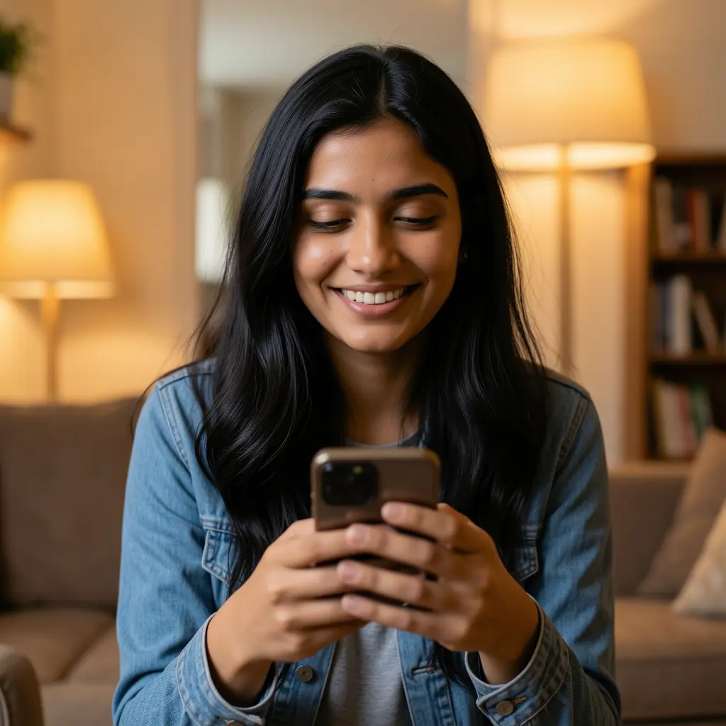 Done222 App – Enjoy smooth and user friendly casino gaming on your phone Focused Pakistani woman using the Done222 casino app on her smartphone in a cozy indoor setting with warm lighting