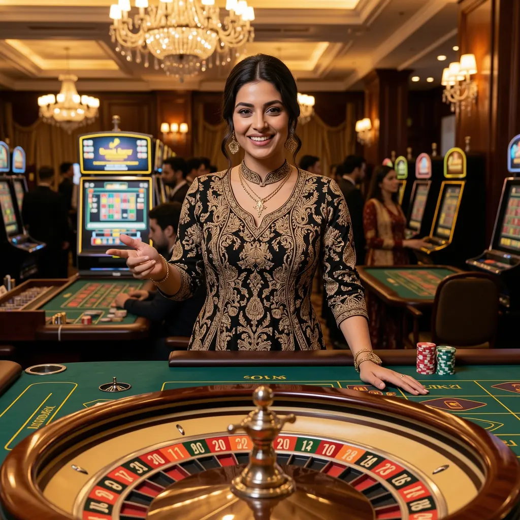 Done222 – Step into a world of live casino luxury in Pakistan Beautiful casino hostess in an elegant evening dress welcoming players at a roulette table inside the immersive Done222 live casino environment for Pakistan
